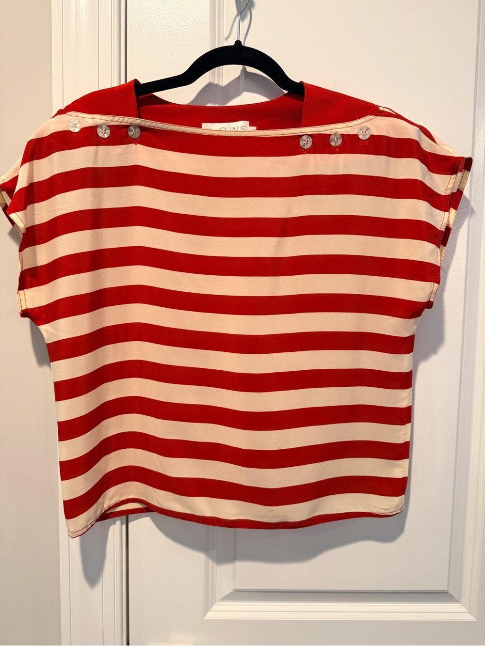 Ms. Chaus Red & Cream Striped Boatneck Top with Shoulder Buttons- Vintage